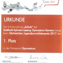 Urkunde - 1. Platz beim Sächsischen Jugendjorunalistenpreis 2017 in der Kategorie "Gymnasium"